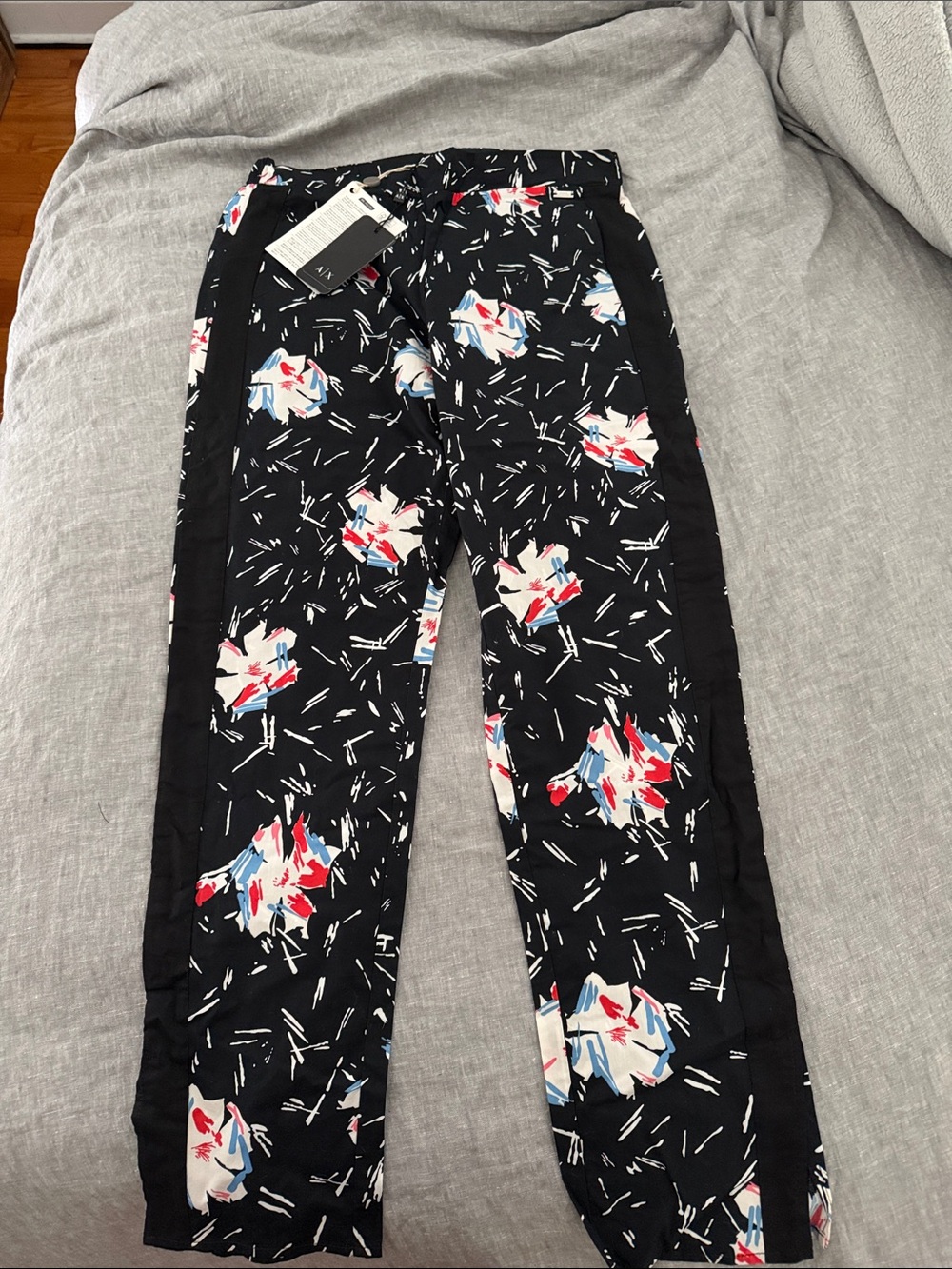 Armani Exchange Black Floral-Print Pull-On Pants with Red & Blue Accents
